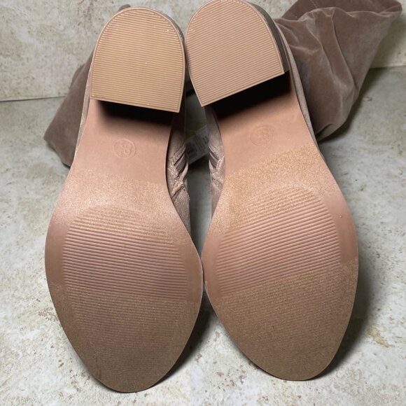 Womens Tan Faux Suede Knee-High Slouch Boots Block Heel Side Zip Boho Western - Picture 6 of 7